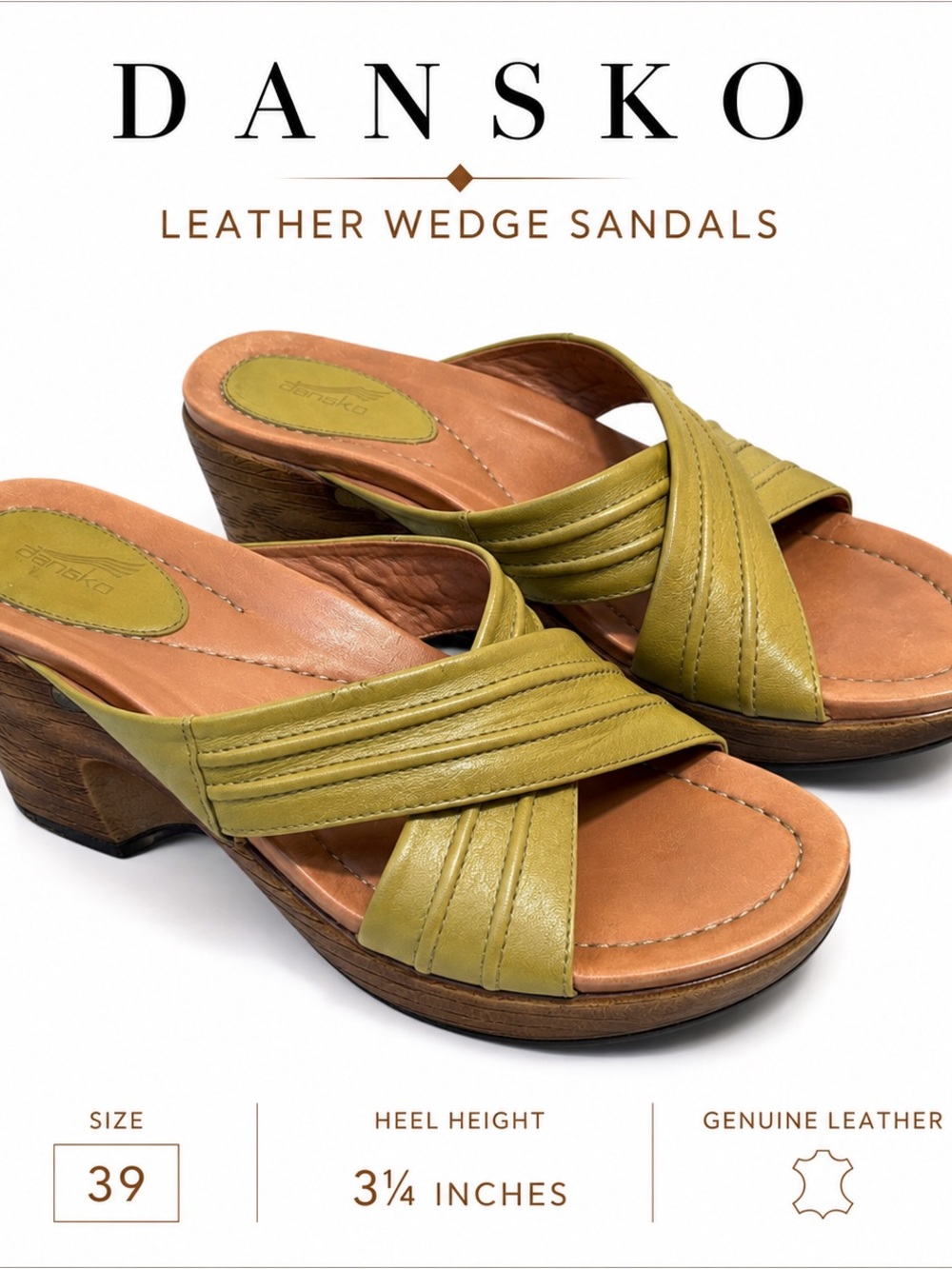 Dansko Green Leather Wedge Sandals Size 39 / 8 1/2 Comfort Slide Boho Casual